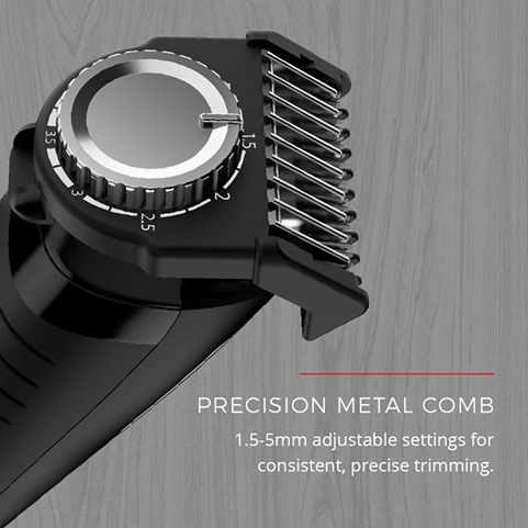 Precision metal comb. 1.5 to 5mm adjustable settings for consistent, precise trimming.
